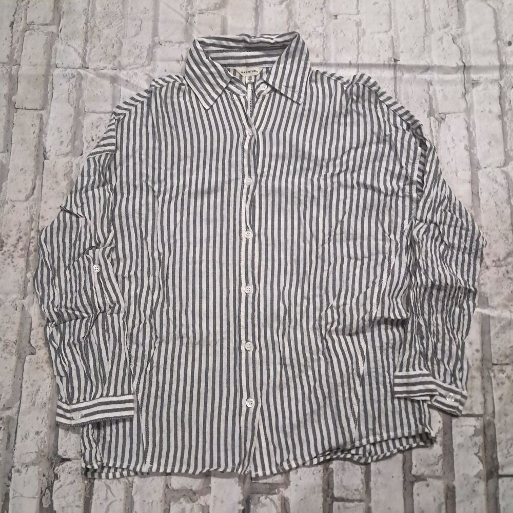 Max Studio Women's XS Button Up Blouse Collared Striped Oversized Career